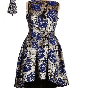 NWT Forest Lily Blue Metallic High Low Sleevless Floral Print Cocktail Dress